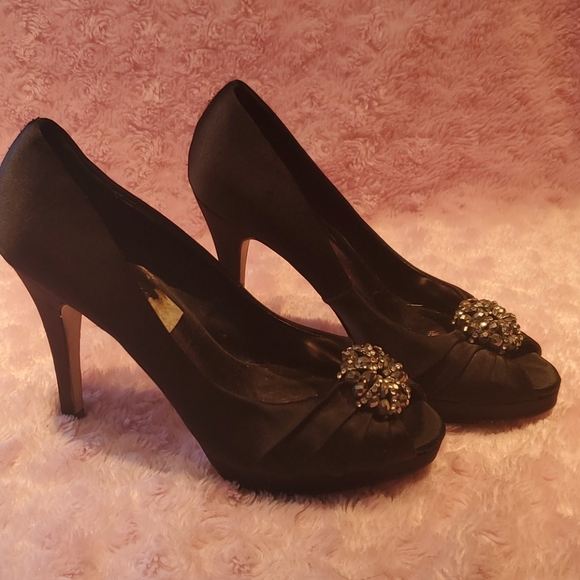 Black high heels open toe satin finish - Picture 1 of 5